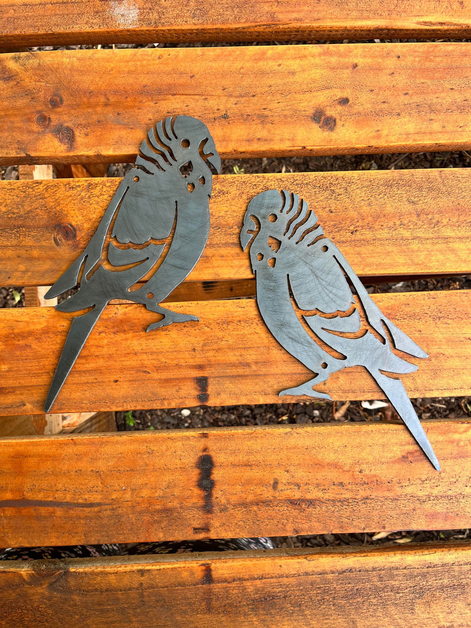 Birds budgies metal bird silhouette gravelly beach metalworks
