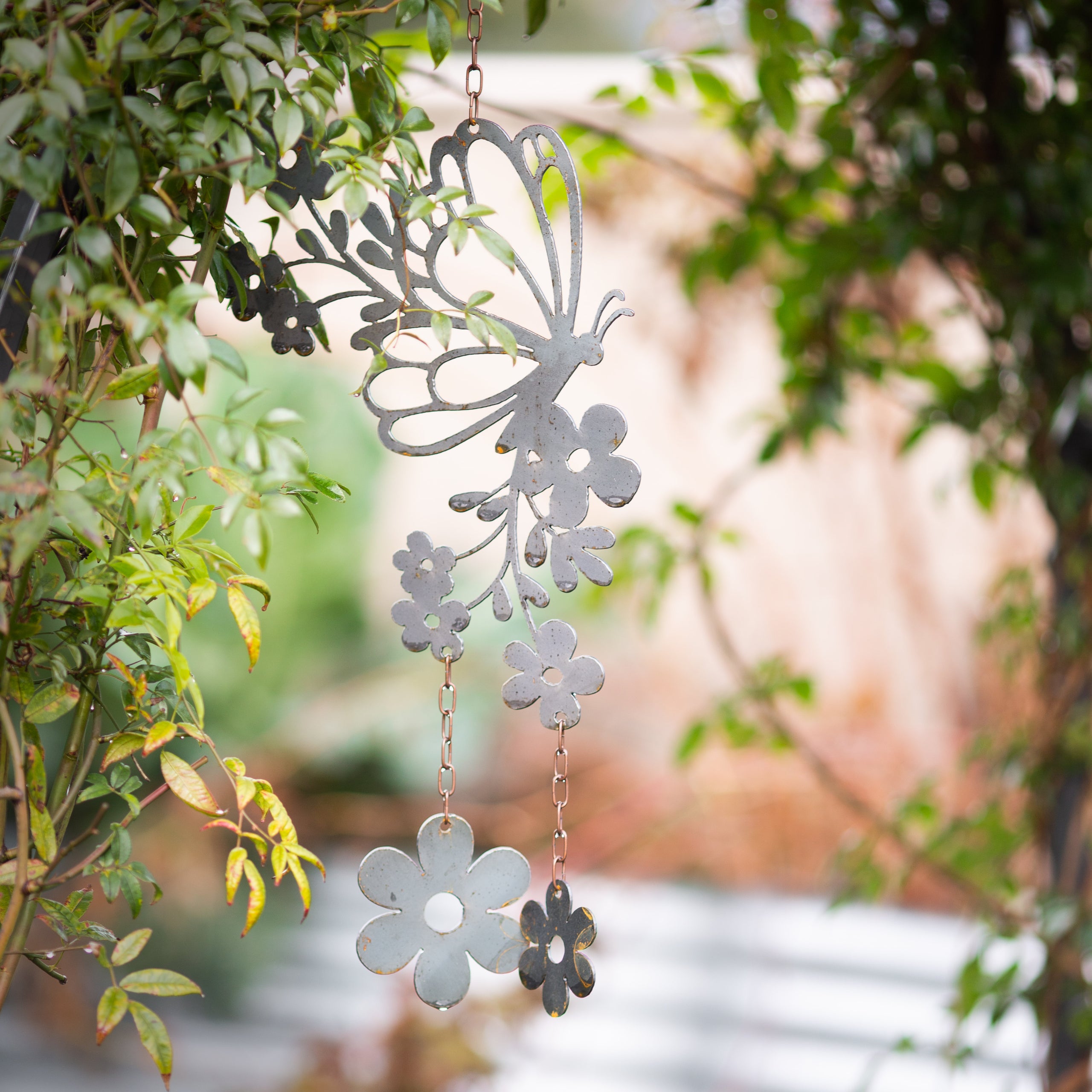 Garden Metal Art Mobile, wind chime, flowers and butterflies Gravelly