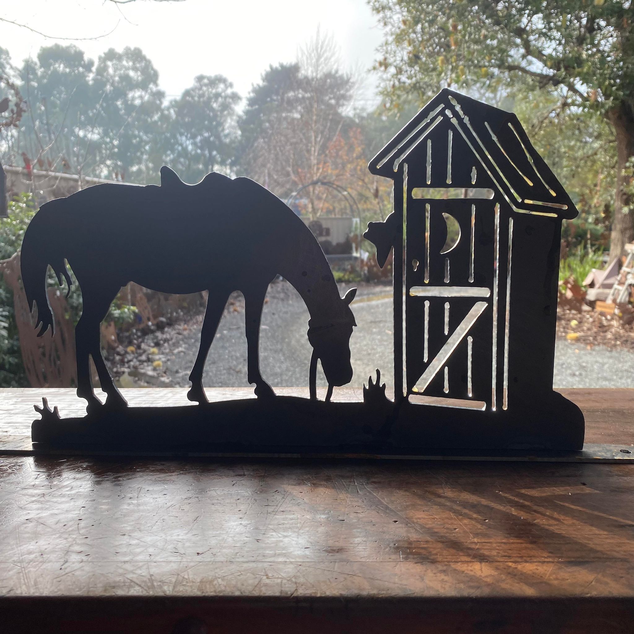Rusty Garden Metal Art silhouette Cowboy Horse Dunny Toilet Aussie